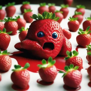 In the horror movie, the villain uses the hulls of strawberries to create a twisted art piece.
