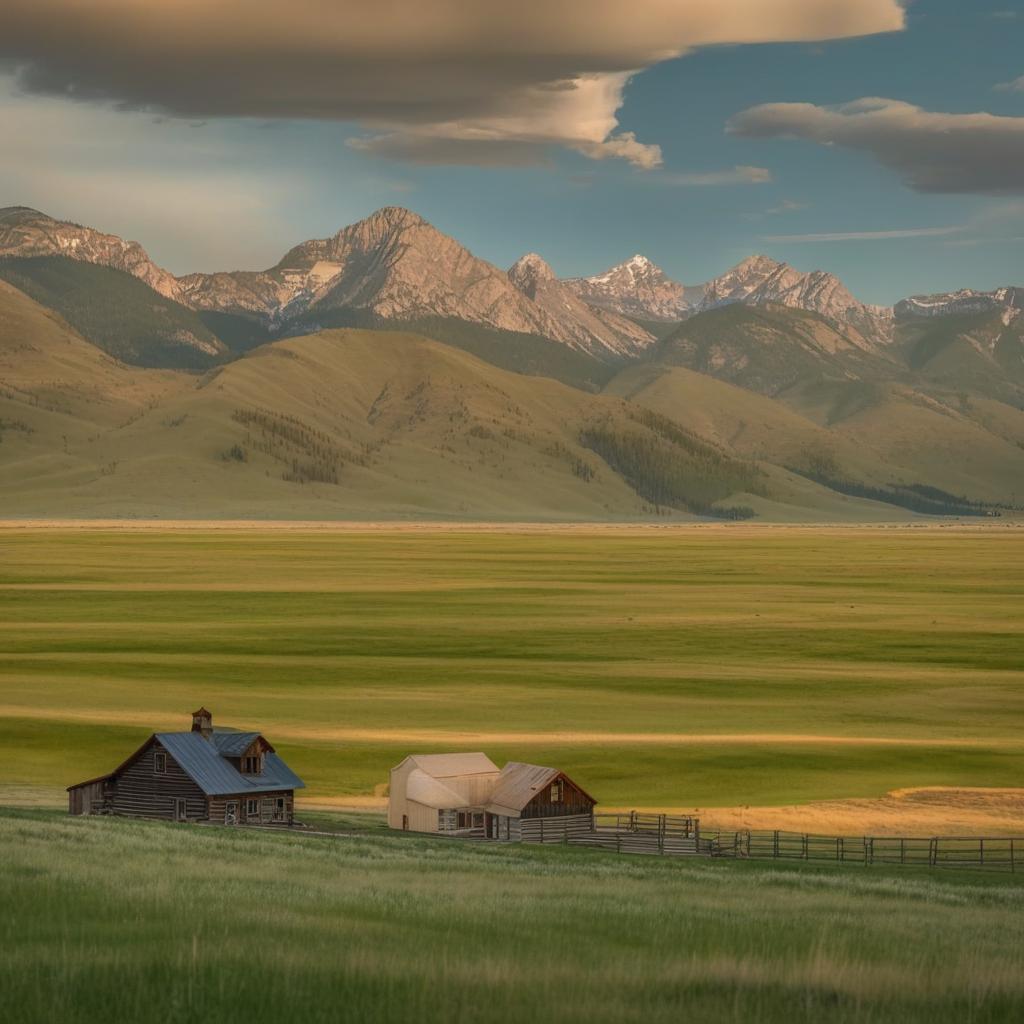 The same breathtaking Montana landscape, now with a rustic ranch house in the foreground amidst the vibrant green grasslands, with the majestic mountains in the background under a clear blue sky with sparse clouds