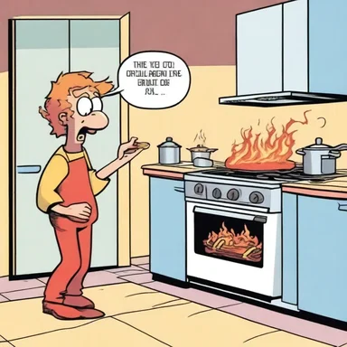 In the comic strip, the character accidentally sets the gas oven on fire, creating chaos in the kitchen.