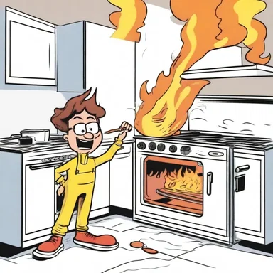 In the comic strip, the character accidentally sets the gas oven on fire, creating chaos in the kitchen.