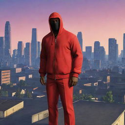 Red character from Among Us portrayed as an imposter in the environment of GTA 5, surrounded by detailed cityscape at twilight.