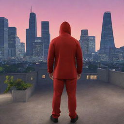 Red character from Among Us portrayed as an imposter in the environment of GTA 5, surrounded by detailed cityscape at twilight.