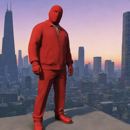 Red character from Among Us portrayed as an imposter in the environment of GTA 5, surrounded by detailed cityscape at twilight.