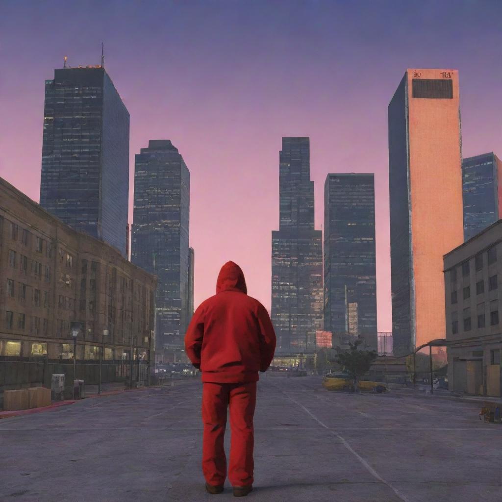 Red character from Among Us portrayed as an imposter in the environment of GTA 5, surrounded by detailed cityscape at twilight.