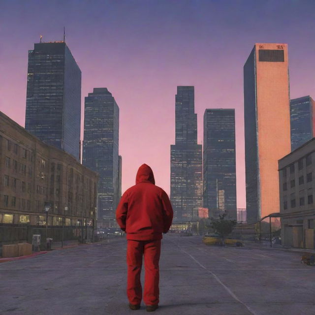 Red character from Among Us portrayed as an imposter in the environment of GTA 5, surrounded by detailed cityscape at twilight.