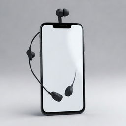 Construct an image of a blank, illustrated smartphone with angular transparency and exaggerated emphasis on the notch. A stylish headset is resting on it.