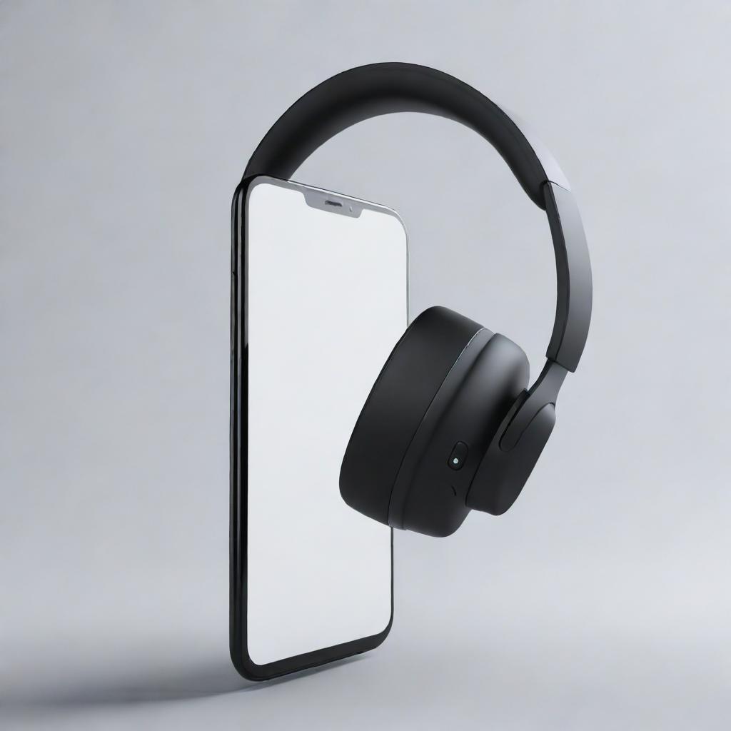 Construct an image of a blank, illustrated smartphone with angular transparency and exaggerated emphasis on the notch. A stylish headset is resting on it.