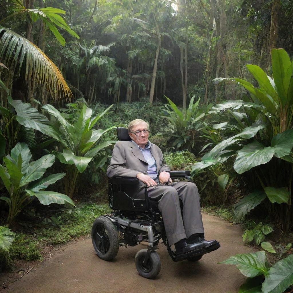 Stephen Hawking peacefully exploring a lush, exotic island in his wheelchair, surrounded by a diversity of tropical plants and animals.