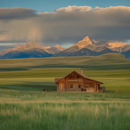 The same breathtaking Montana landscape, now with a rustic ranch house in the foreground amidst the vibrant green grasslands, with the majestic mountains in the background under a clear blue sky with sparse clouds