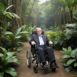 Stephen Hawking peacefully exploring a lush, exotic island in his wheelchair, surrounded by a diversity of tropical plants and animals.