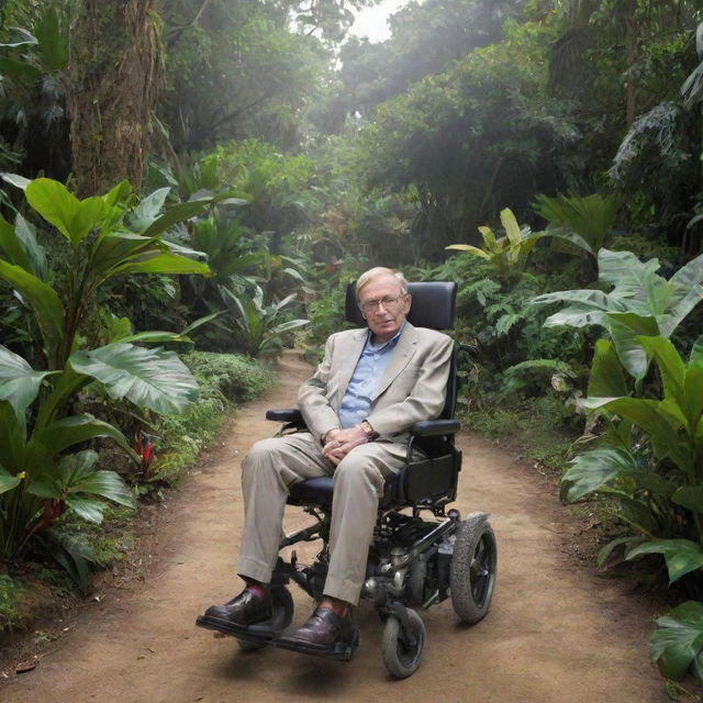 Stephen Hawking peacefully exploring a lush, exotic island in his wheelchair, surrounded by a diversity of tropical plants and animals.