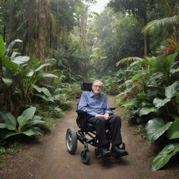 Stephen Hawking peacefully exploring a lush, exotic island in his wheelchair, surrounded by a diversity of tropical plants and animals.