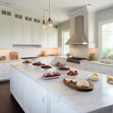 The chef's kitchen featured a beautiful marble countertop where a variety of pates were displayed for guests to enjoy.