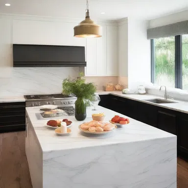 The chef's kitchen featured a beautiful marble countertop where a variety of pates were displayed for guests to enjoy.