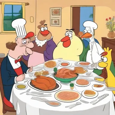 The cartoon characters gathered for a fancy dinner party, and the main course was a delectable pate made from poultry.