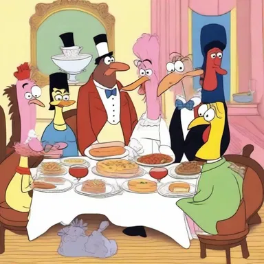 The cartoon characters gathered for a fancy dinner party, and the main course was a delectable pate made from poultry.