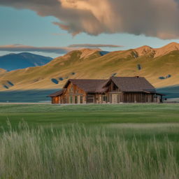 The same breathtaking Montana landscape, now with a rustic ranch house in the foreground amidst the vibrant green grasslands, with the majestic mountains in the background under a clear blue sky with sparse clouds