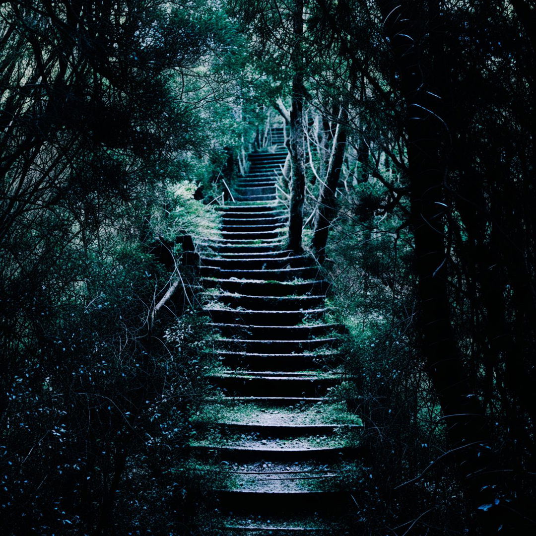 A decrepit, moss-covered staircase in a dense, lush forest, leading mysteriously to nowhere.