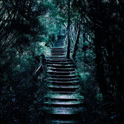 A decrepit, moss-covered staircase in a dense, lush forest, leading mysteriously to nowhere.
