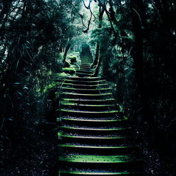 A decrepit, moss-covered staircase in a dense, lush forest, leading mysteriously to nowhere.