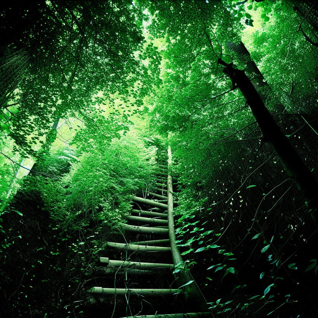 A spiral staircase with rustic, wooden steps, winding its way through the thick foliage of an American forest.