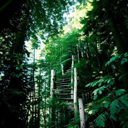 A spiral staircase with rustic, wooden steps, winding its way through the thick foliage of an American forest.