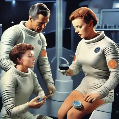 In the futuristic science fiction novel, the spaceship crew applies a specialized salve to their skin to counteract the harmful effects of prolonged exposure to cosmic radiation.