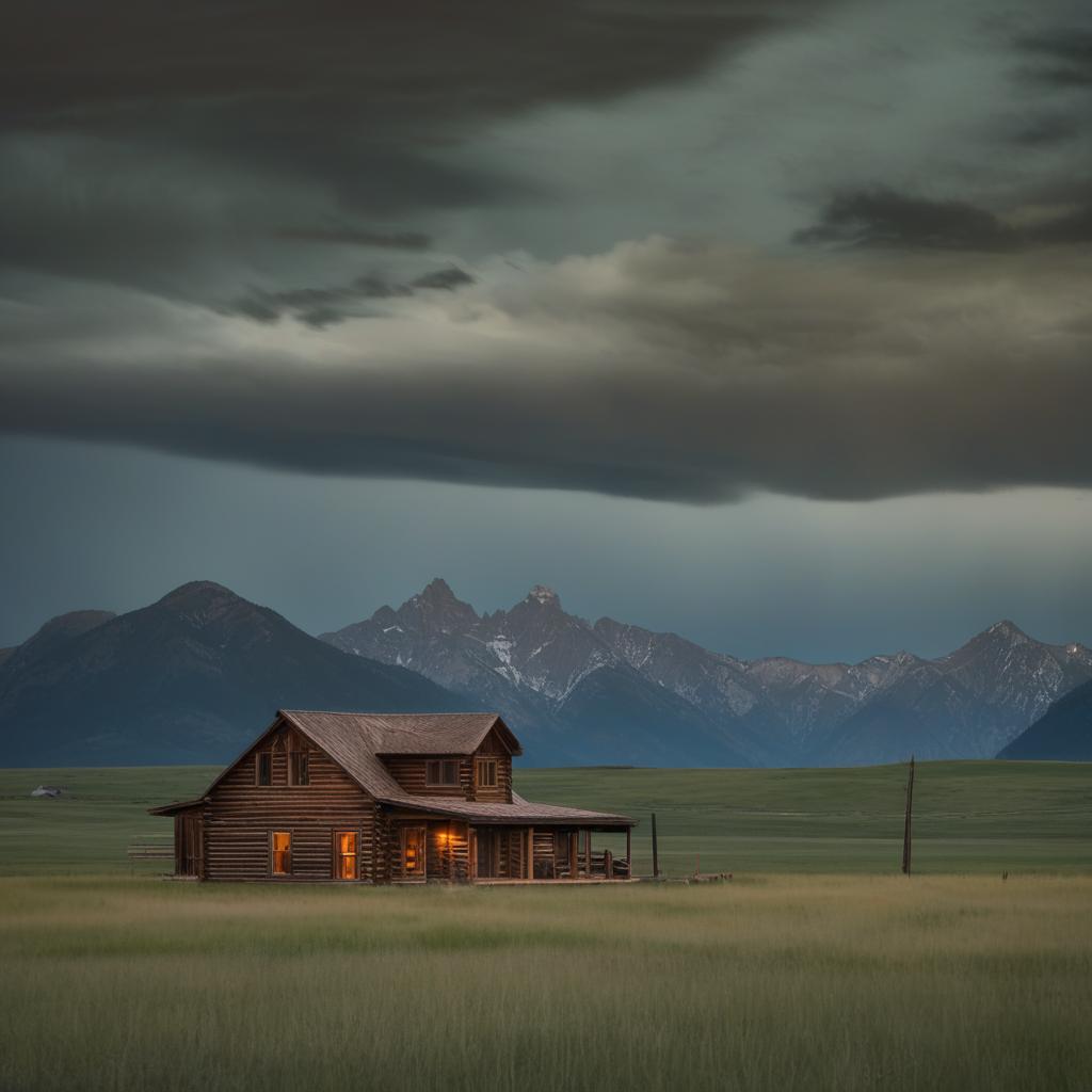 The Montana landscape now exudes an eerie aura; the rustic ranch house stands ominously in the moonlit grasslands, with a foreboding shadow cast from the majestic mountains and scudding, stormy clouds darken the formerly clear sky