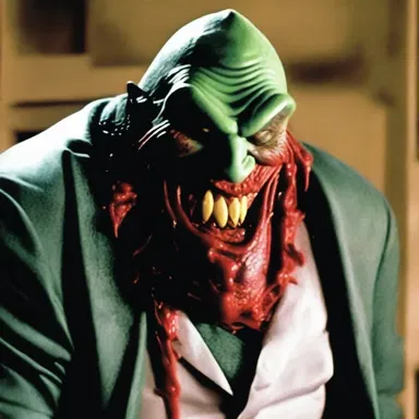 In the horror movie, the villain's slobber dripped from his menacing grin.