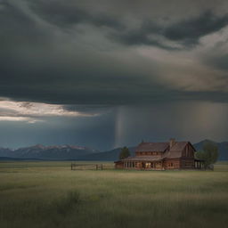 The Montana landscape now exudes an eerie aura; the rustic ranch house stands ominously in the moonlit grasslands, with a foreboding shadow cast from the majestic mountains and scudding, stormy clouds darken the formerly clear sky