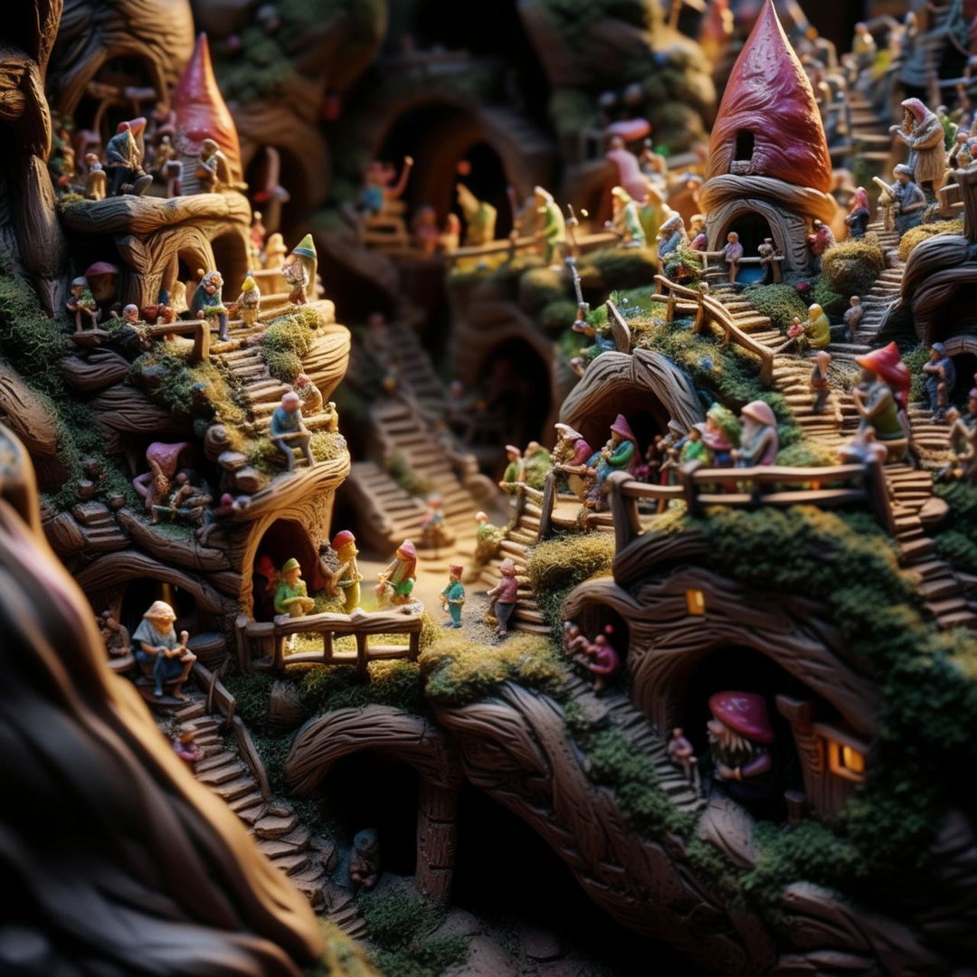 A bustling community of tiny 2-inch tall gnomes inhabiting a beautifully hollowed out tree, displaying a miniature world full of activity.