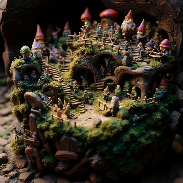 A bustling community of tiny 2-inch tall gnomes inhabiting a beautifully hollowed out tree, displaying a miniature world full of activity.