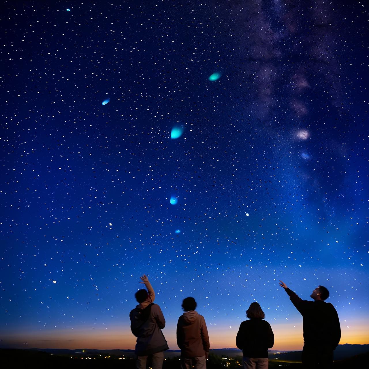A breathtaking evening scene where stars are falling from the sky akin to a glittering rain, with captivated observers looking up in awe.