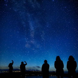 A breathtaking evening scene where stars are falling from the sky akin to a glittering rain, with captivated observers looking up in awe.