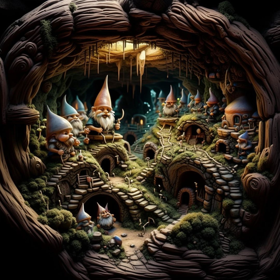 Hyper-realistic gnomes thriving in complex underground tunnel system revealed by an uprooted tree stump, showcasing the intricate detail in their subterranean home.