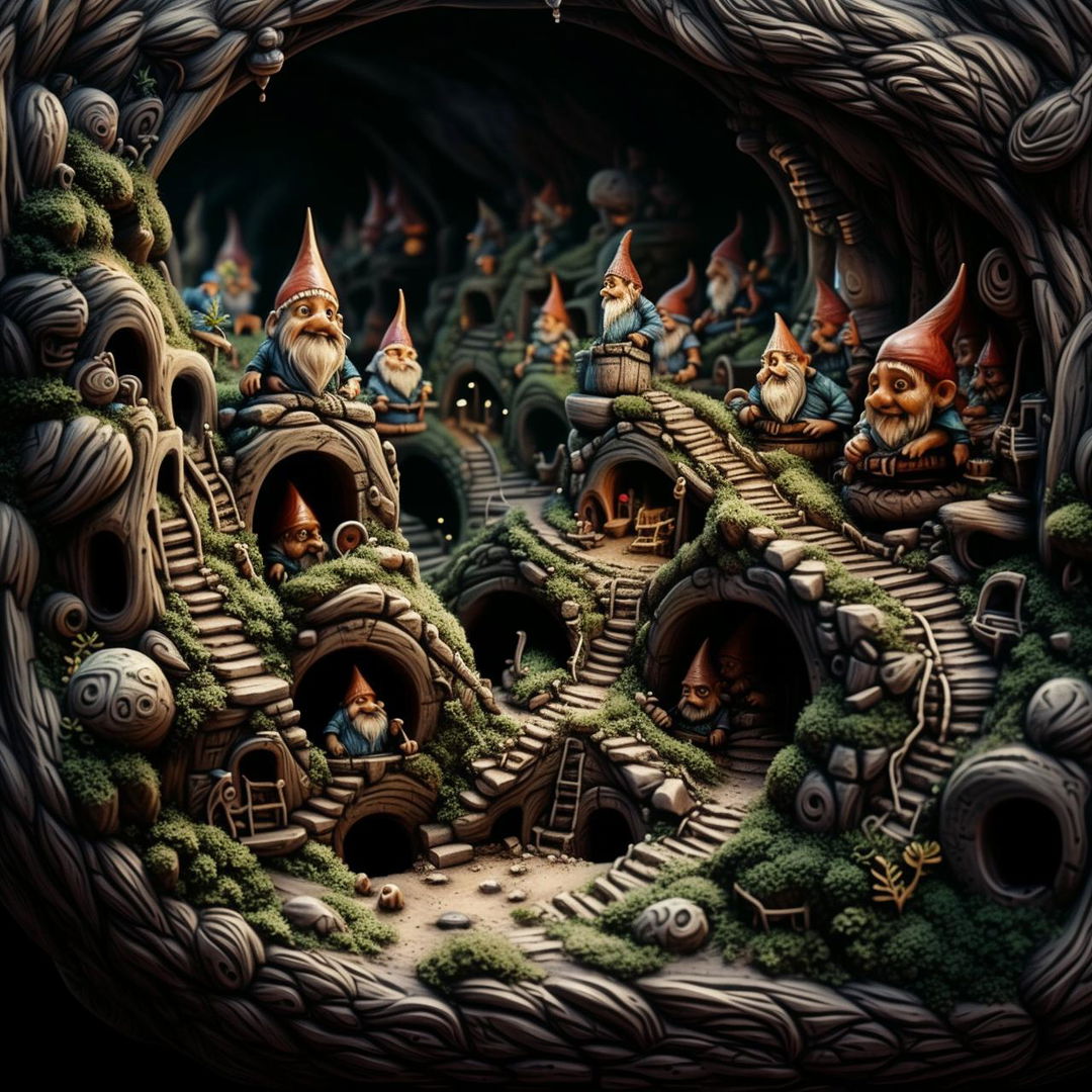 Hyper-realistic gnomes thriving in complex underground tunnel system revealed by an uprooted tree stump, showcasing the intricate detail in their subterranean home.