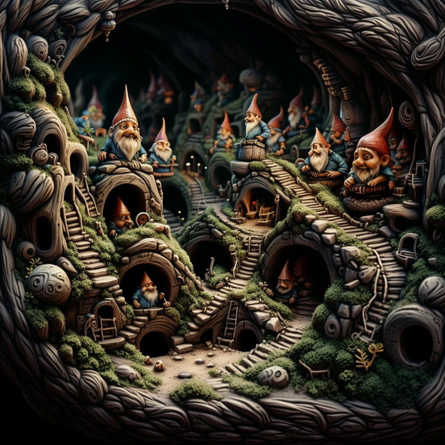 Hyper-realistic gnomes thriving in complex underground tunnel system revealed by an uprooted tree stump, showcasing the intricate detail in their subterranean home.