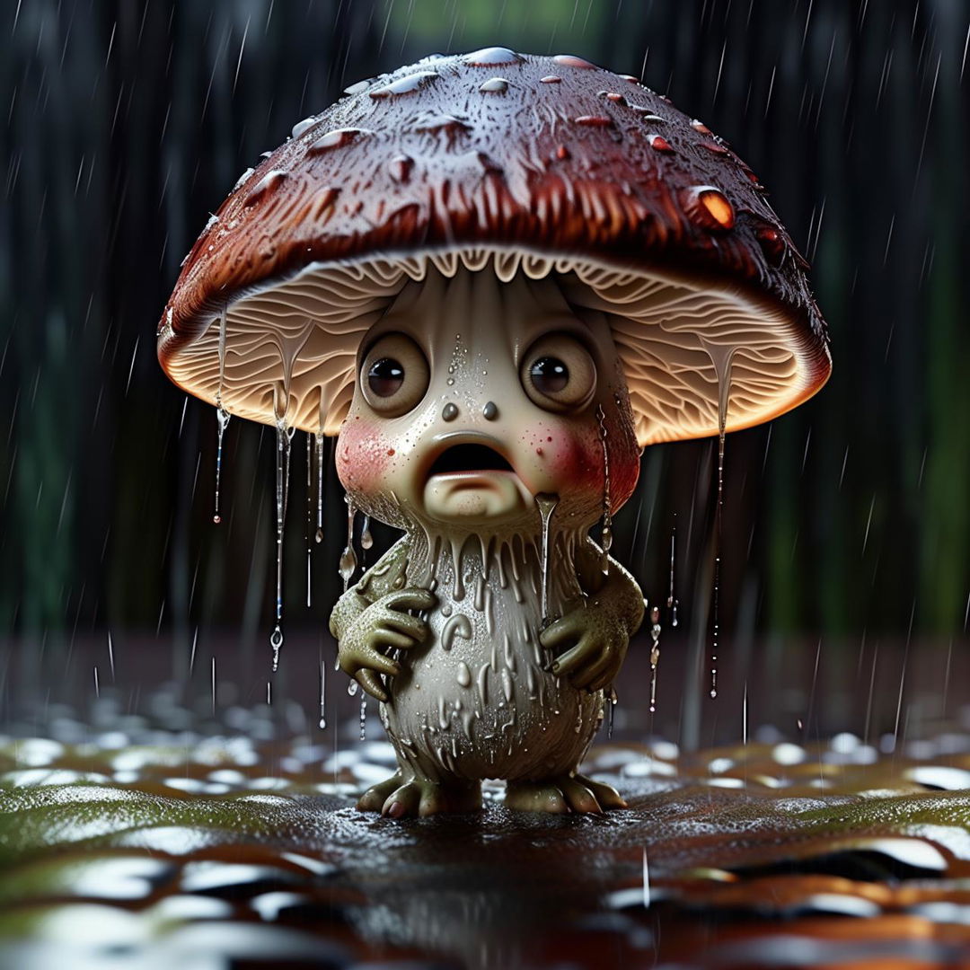 A cute disgruntled mushroom grumbles under a pouring rain, looking anthropomorphic with visible expressions.