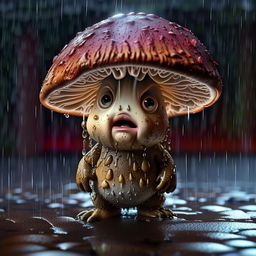 A cute disgruntled mushroom grumbles under a pouring rain, looking anthropomorphic with visible expressions.