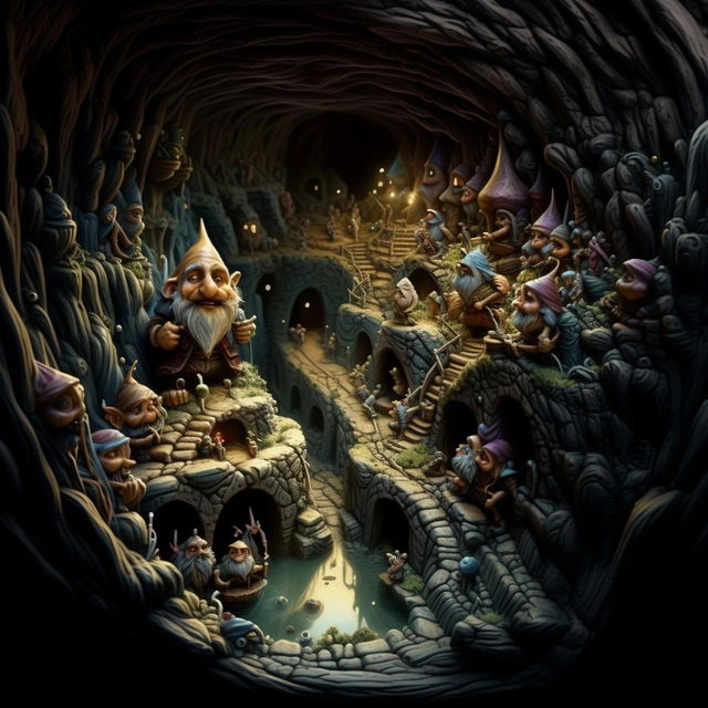 Hyper-realistic humanoid gnome-people inhabiting in a detailed underground tunnel system, brought into daylight by an uprooted tree stump, showcasing their life beneath the surface.