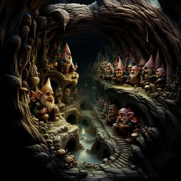 Hyper-realistic humanoid gnome-people inhabiting in a detailed underground tunnel system, brought into daylight by an uprooted tree stump, showcasing their life beneath the surface.