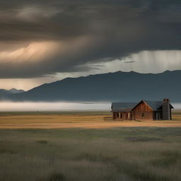 The Montana landscape now exudes an eerie aura; the rustic ranch house stands ominously in the moonlit grasslands, with a foreboding shadow cast from the majestic mountains and scudding, stormy clouds darken the formerly clear sky