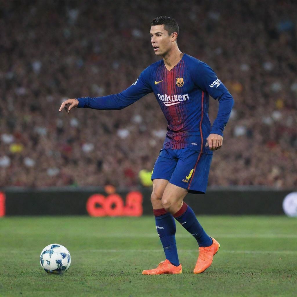 Cristiano Ronaldo wearing a Barcelona football club kit, playing on the pitch in the Camp Nou stadium