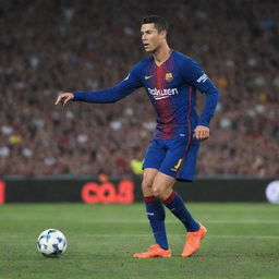 Cristiano Ronaldo wearing a Barcelona football club kit, playing on the pitch in the Camp Nou stadium
