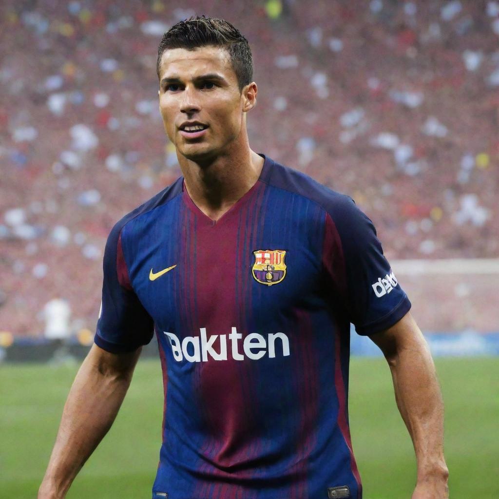 Cristiano Ronaldo wearing a Barcelona football club kit, playing on the pitch in the Camp Nou stadium