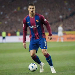 Cristiano Ronaldo wearing a Barcelona football club kit, playing on the pitch in the Camp Nou stadium