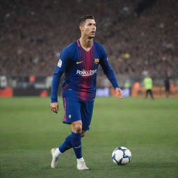 Cristiano Ronaldo wearing a Barcelona football club kit, playing on the pitch in the Camp Nou stadium