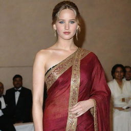 Jennifer Lawrence elegantly dressed in a richly coloured and beautifully draped Indian saree.