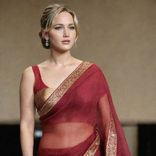 Jennifer Lawrence elegantly dressed in a richly coloured and beautifully draped Indian saree.