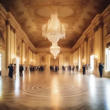 The grand ballroom in the palace was designed with ornate pillars and chandeliers, creating a perfect space for a minuet dance.